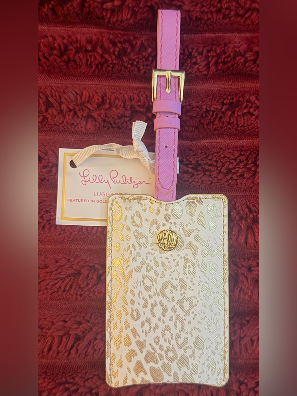 Lilly Pulitzer Metallic Gold Leopard Luggage Tag with Pink Strap